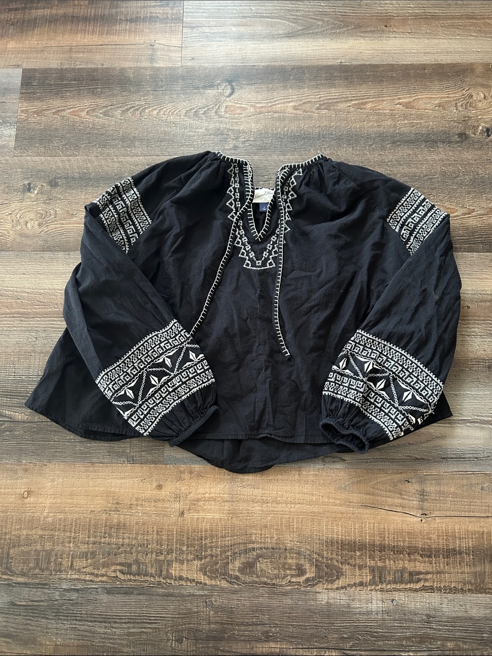 Universal Thread Black Peasant Blouse with White Embroidery